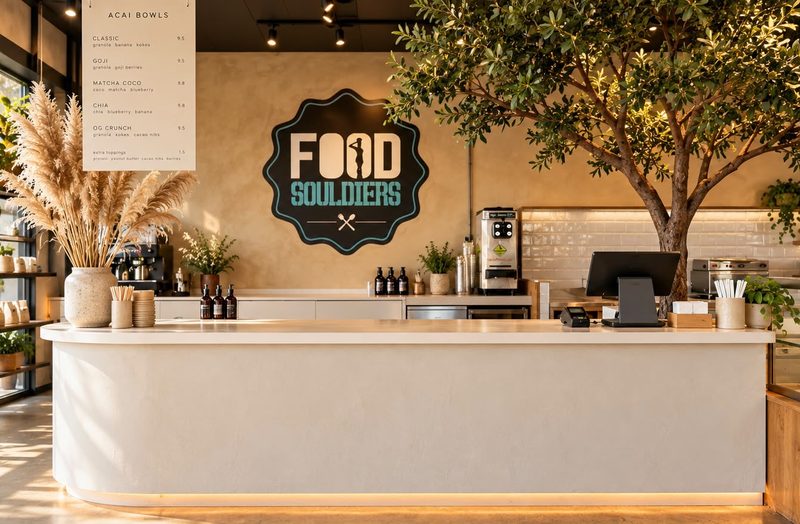 De acai bar en koffiehoek van Foodsouldiers met het logo aan de muur